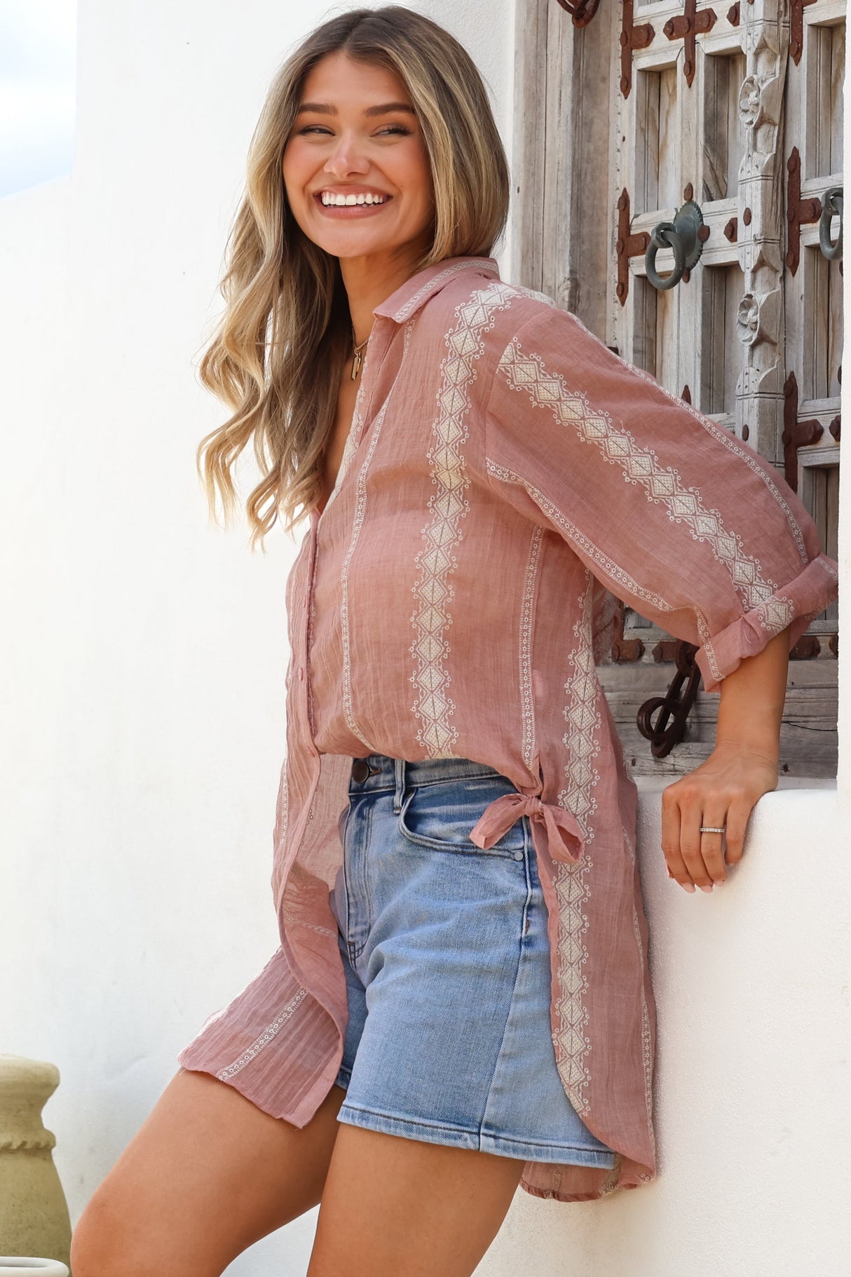 Beachly Embroidered Shirt - Collared Button Down Oversized Shirt in Pink
