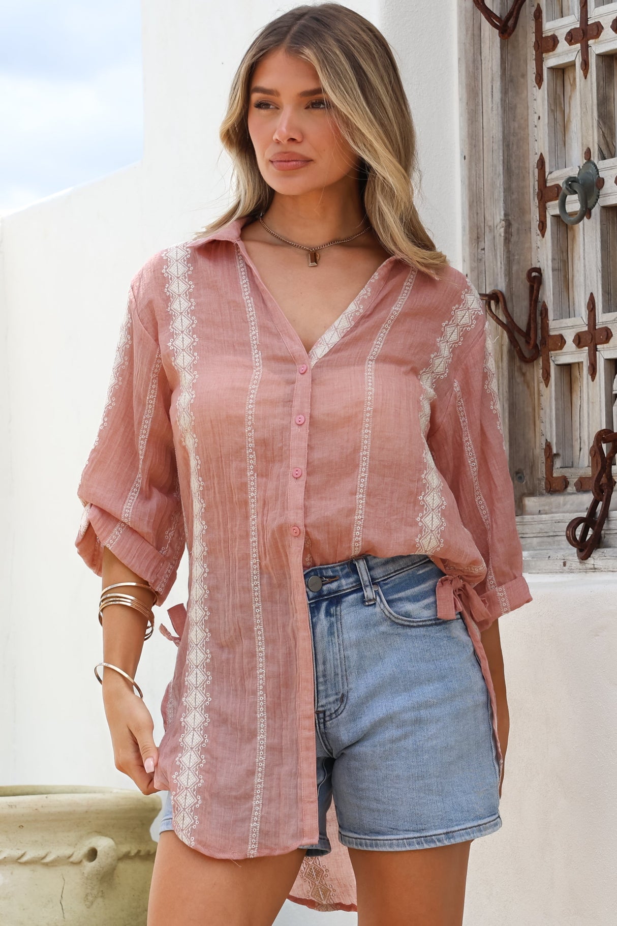 Beachly Embroidered Shirt - Collared Button Down Oversized Shirt in Pink