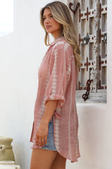 Beachly Embroidered Shirt - Collared Button Down Oversized Shirt in Pink