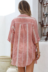 Beachly Embroidered Shirt - Collared Button Down Oversized Shirt in Pink