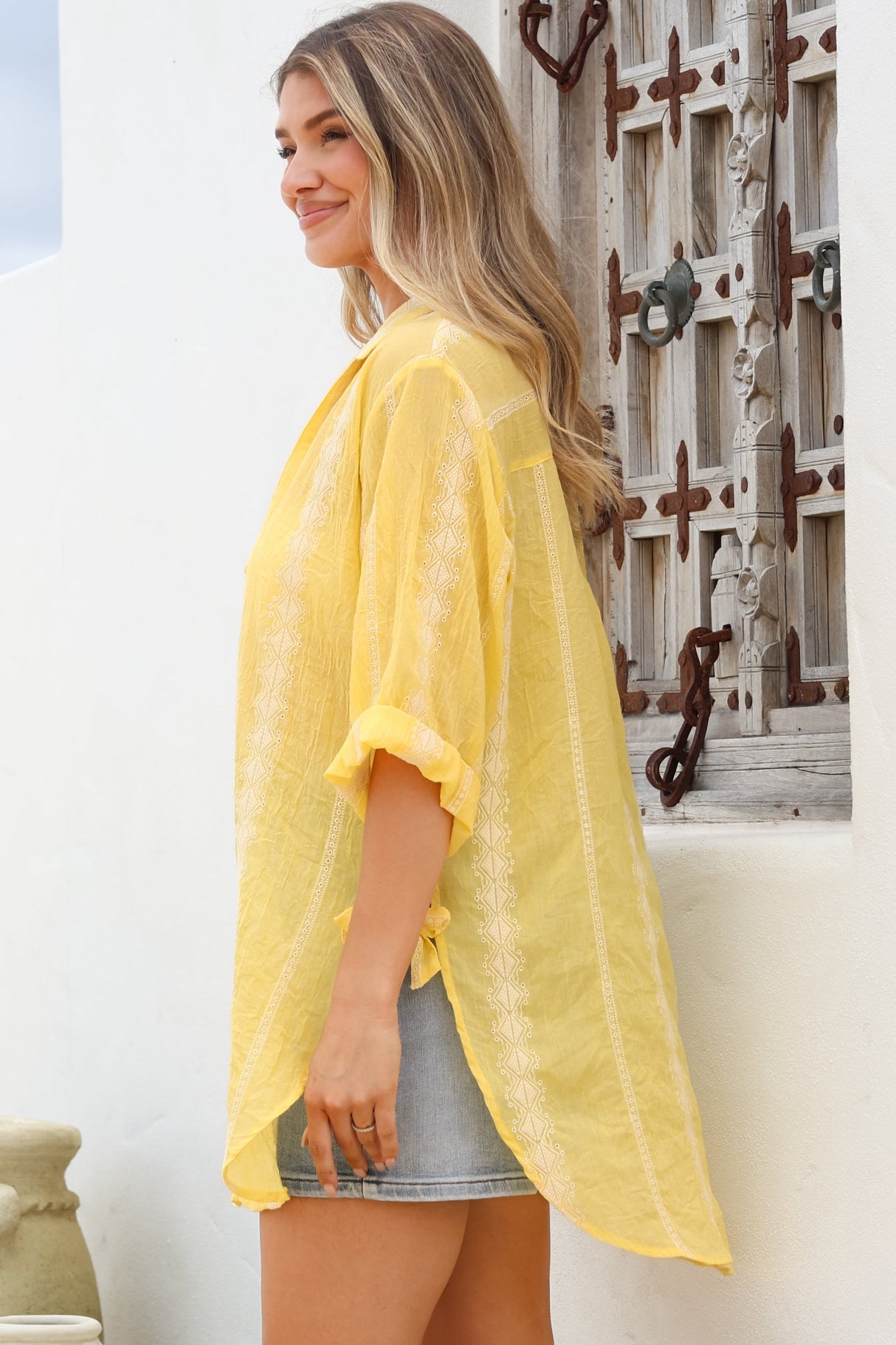 Beachly Embroidered Shirt - Collared Button Down Oversized Shirt in Lemon