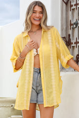 Beachly Embroidered Shirt - Collared Button Down Oversized Shirt in Lemon