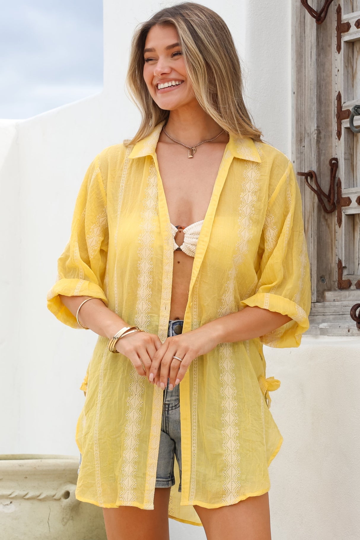 Beachly Embroidered Shirt - Collared Button Down Oversized Shirt in Lemon