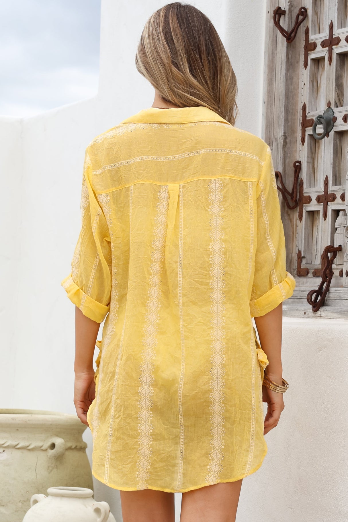 Beachly Embroidered Shirt - Collared Button Down Oversized Shirt in Lemon
