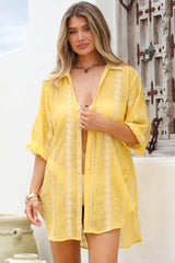 Beachly Embroidered Shirt - Collared Button Down Oversized Shirt in Lemon