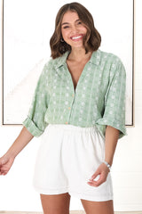 Beachly Embroided Shirt - Folded Collar Button Down Relaxed Shirt In Light Green