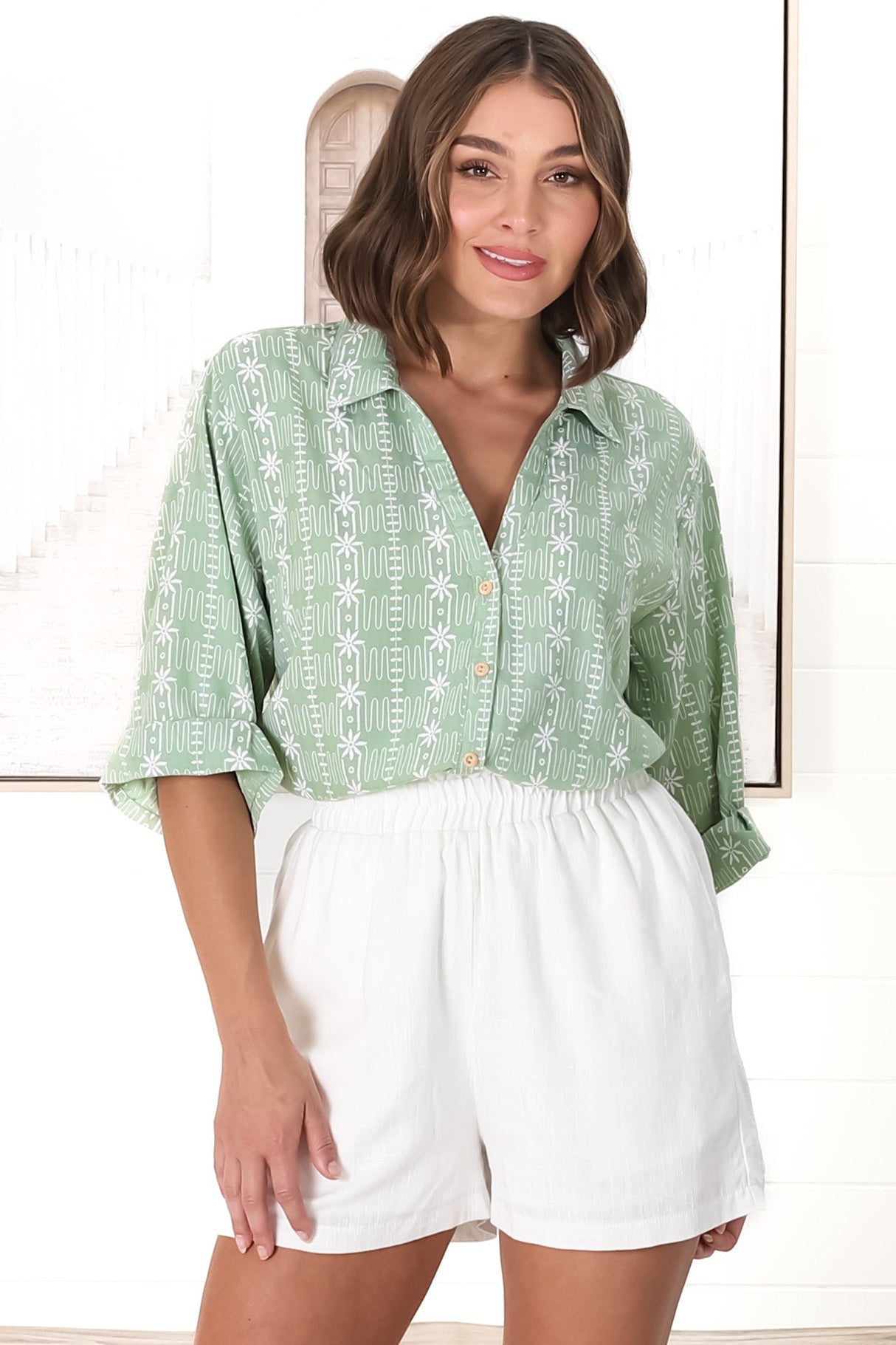 Beachly Embroided Shirt - Folded Collar Button Down Relaxed Shirt In Light Green