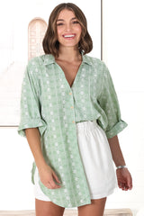 Beachly Embroided Shirt - Folded Collar Button Down Relaxed Shirt In Light Green