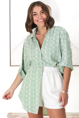 Beachly Embroided Shirt - Folded Collar Button Down Relaxed Shirt In Light Green