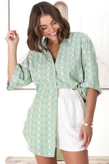 Beachly Embroided Shirt - Folded Collar Button Down Relaxed Shirt In Light Green