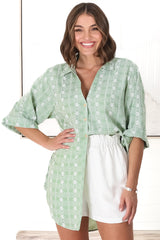 Beachly Embroided Shirt - Folded Collar Button Down Relaxed Shirt In Light Green