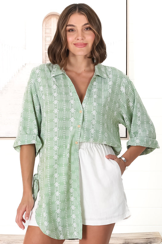 Beachly Embroided Shirt - Folded Collar Button Down Relaxed Shirt In Light Green