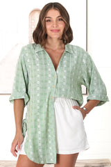 Beachly Embroided Shirt - Folded Collar Button Down Relaxed Shirt In Light Green