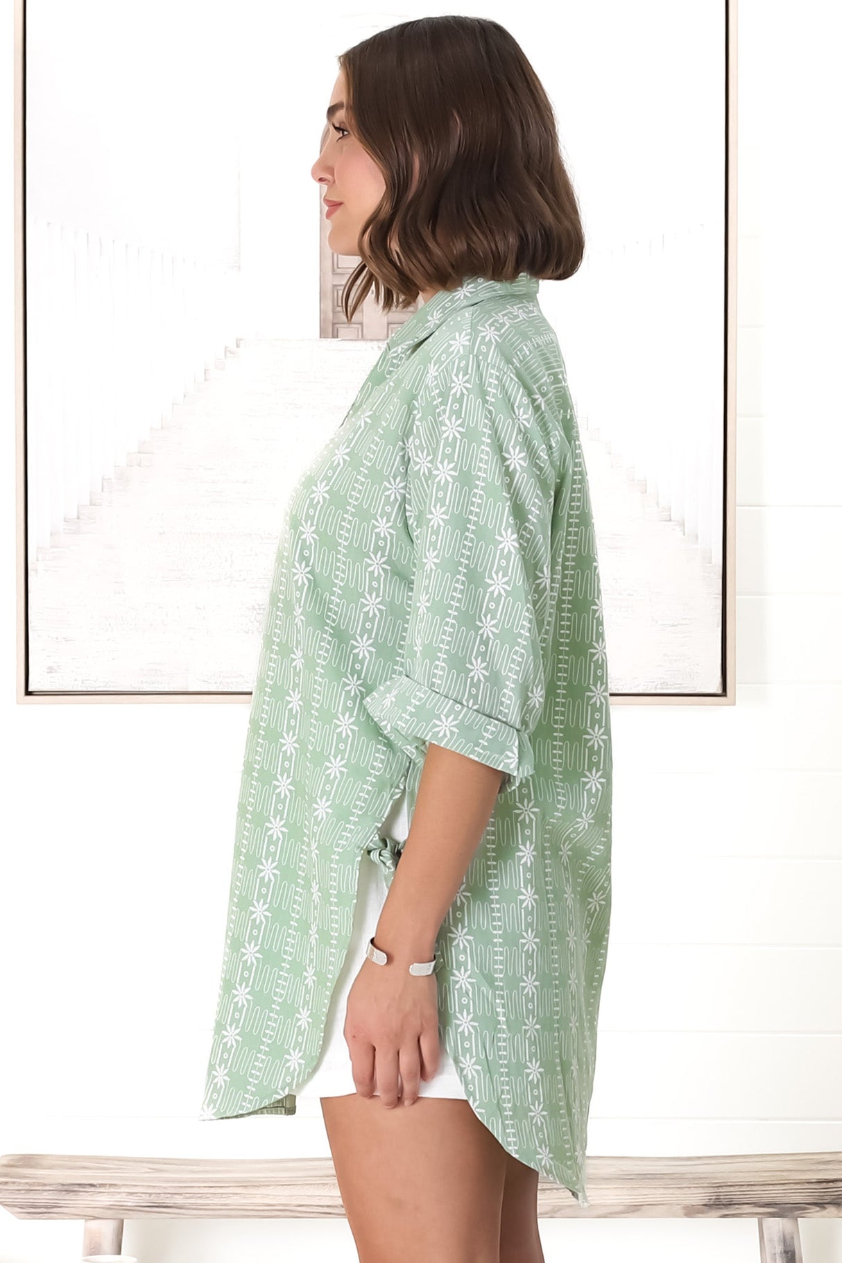 Beachly Embroided Shirt - Folded Collar Button Down Relaxed Shirt In Light Green