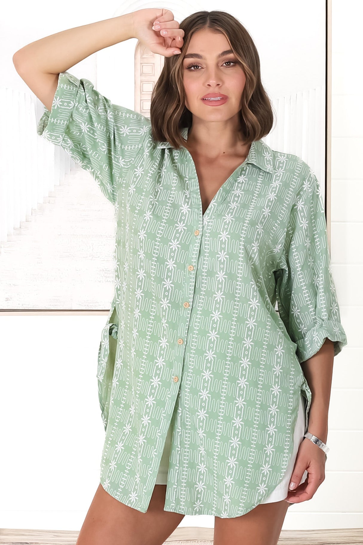 Beachly Embroided Shirt - Folded Collar Button Down Relaxed Shirt In Light Green