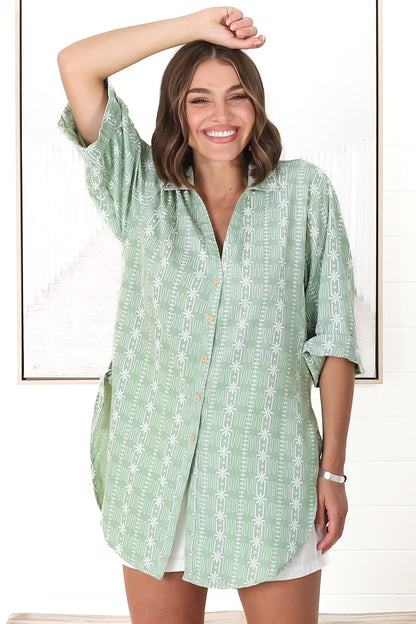 Beachly Embroided Shirt - Folded Collar Button Down Relaxed Shirt In Light Green