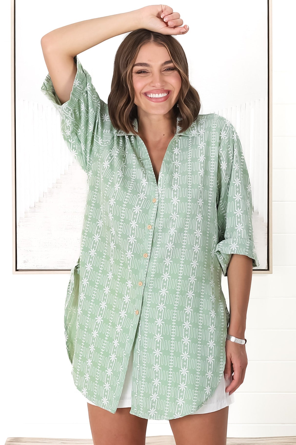 Beachly Embroided Shirt - Folded Collar Button Down Relaxed Shirt In Light Green