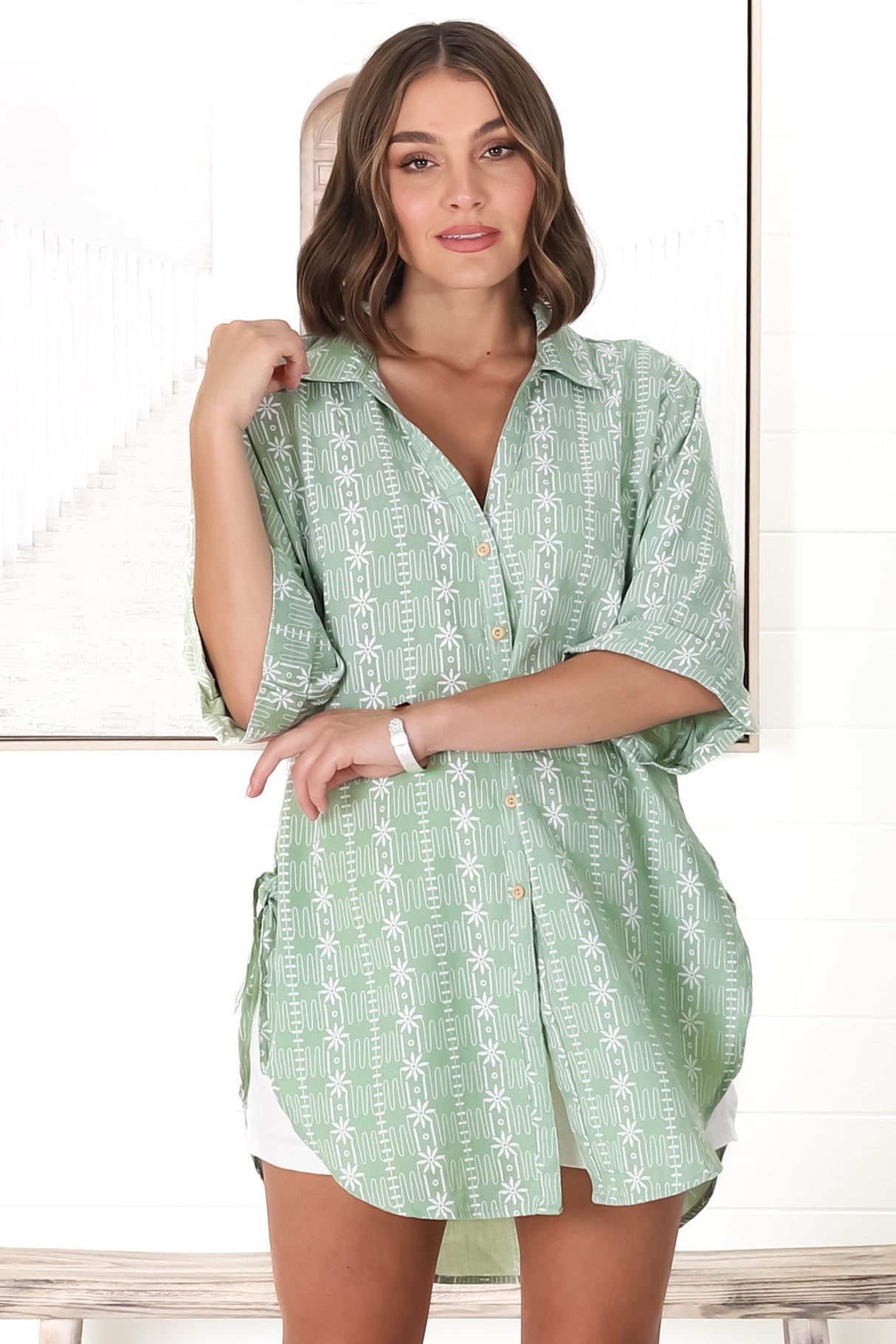 Beachly Embroided Shirt - Folded Collar Button Down Relaxed Shirt In Light Green