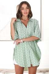 Beachly Embroided Shirt - Folded Collar Button Down Relaxed Shirt In Light Green