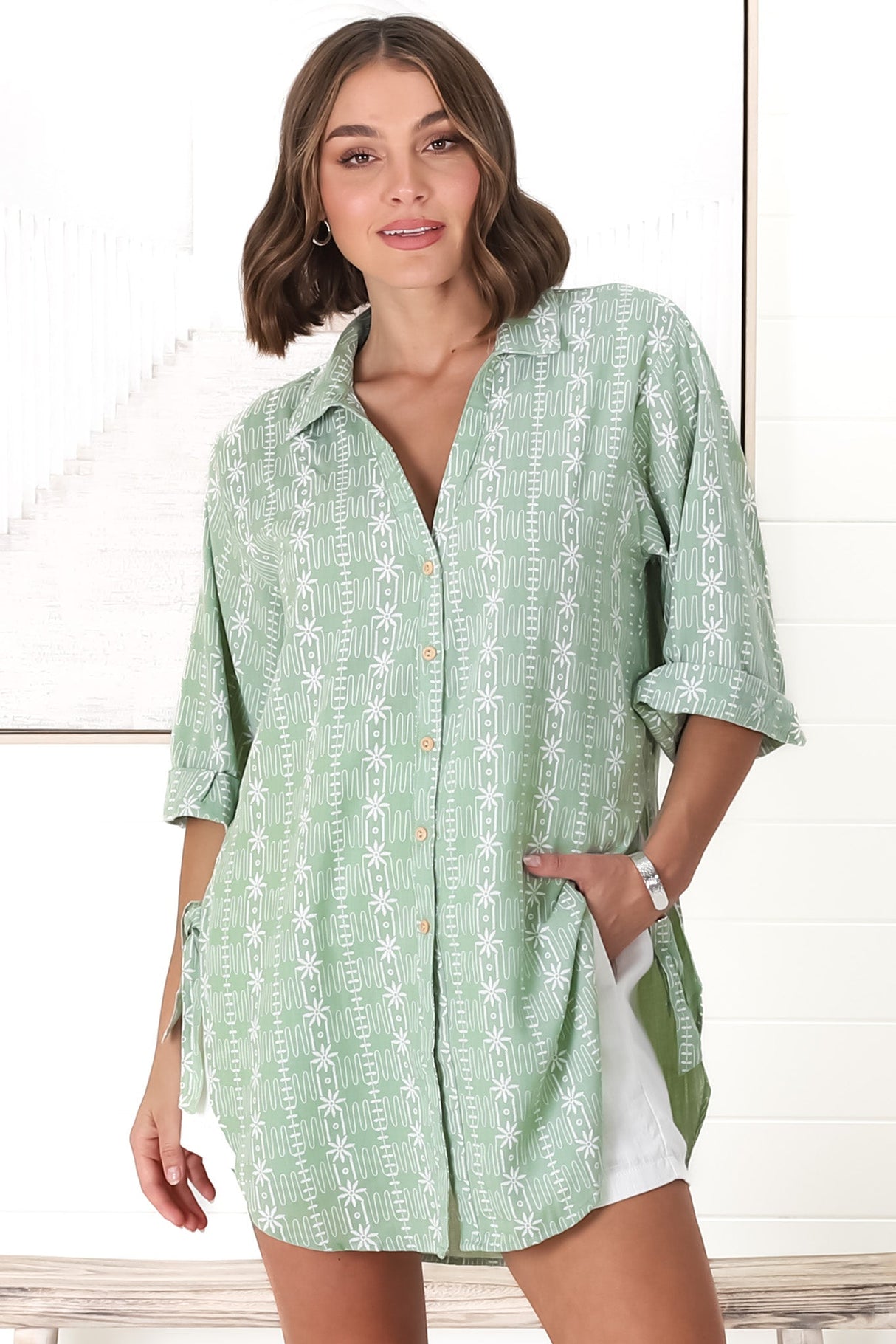 Beachly Embroided Shirt - Folded Collar Button Down Relaxed Shirt In Light Green