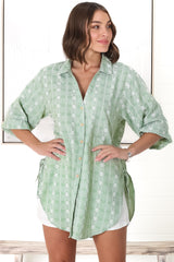 Beachly Embroided Shirt - Folded Collar Button Down Relaxed Shirt In Light Green