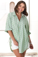 Beachly Embroided Shirt - Folded Collar Button Down Relaxed Shirt In Light Green