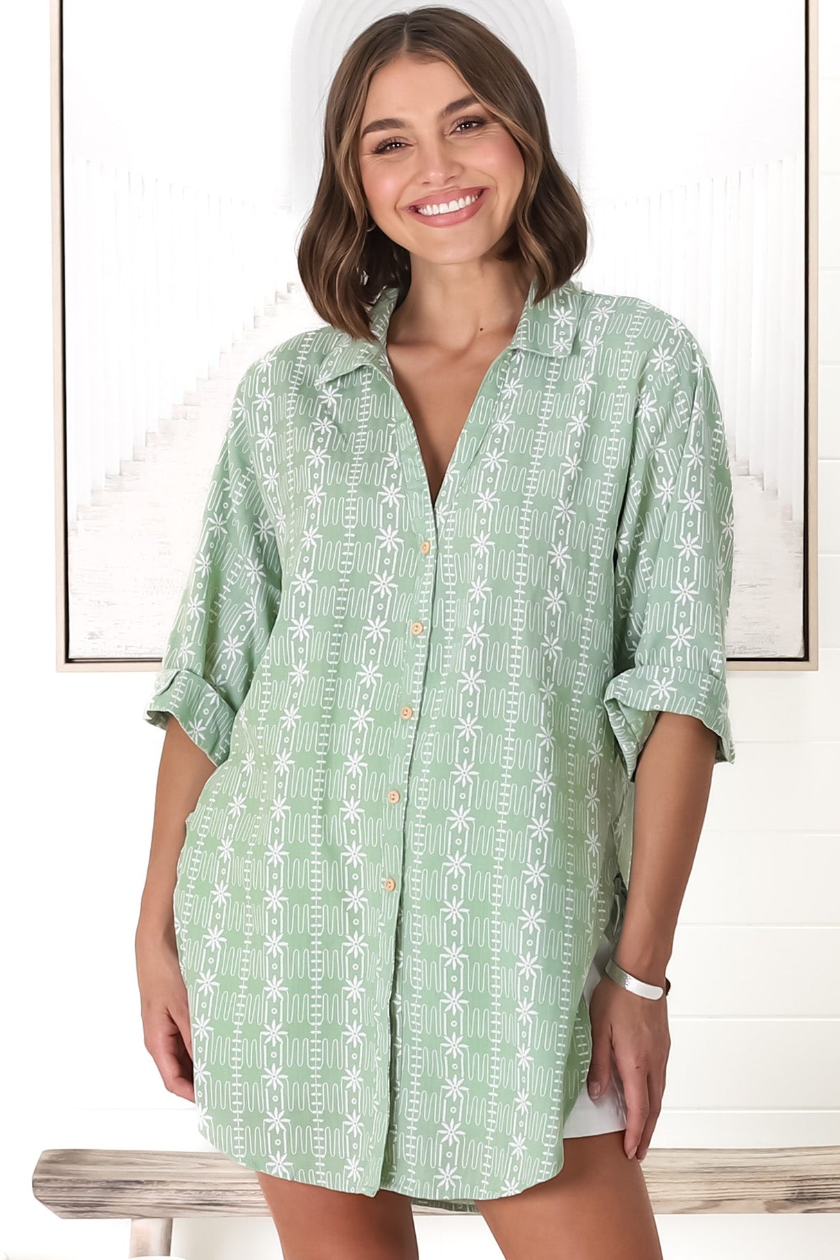 Beachly Embroided Shirt - Folded Collar Button Down Relaxed Shirt In Light Green