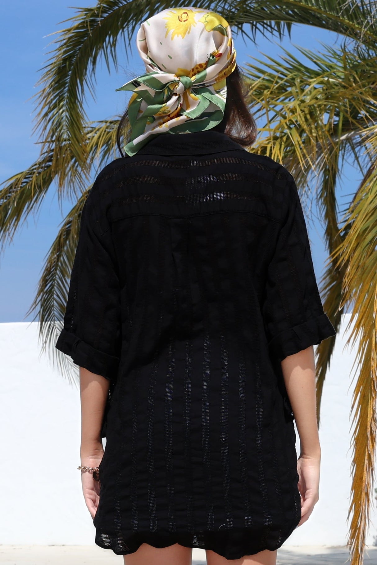 Beachly Mesh Shirt - Cotton Mesh Stripe Relaxed Button Down Shirt in Black