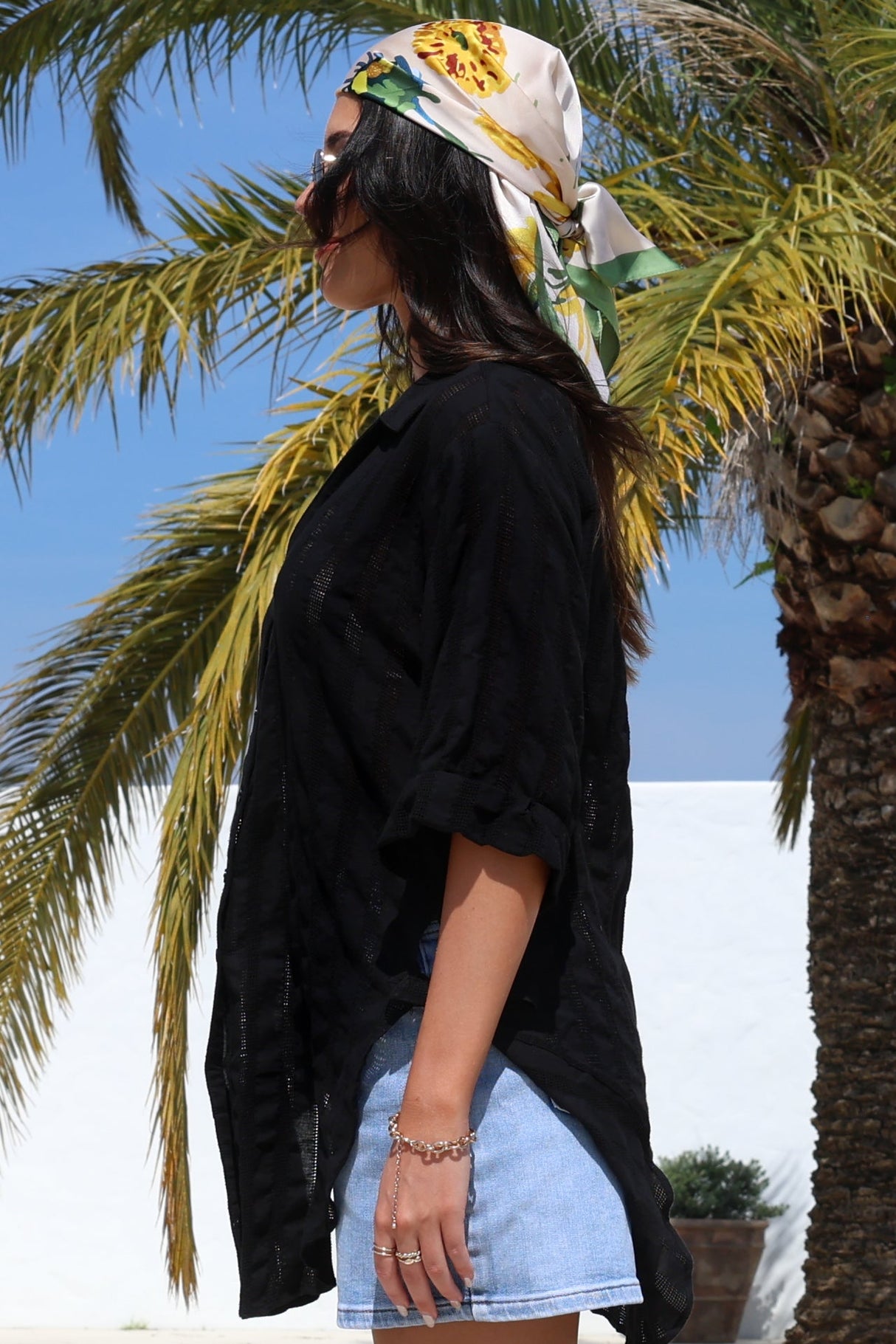 Beachly Mesh Shirt - Cotton Mesh Stripe Relaxed Button Down Shirt in Black