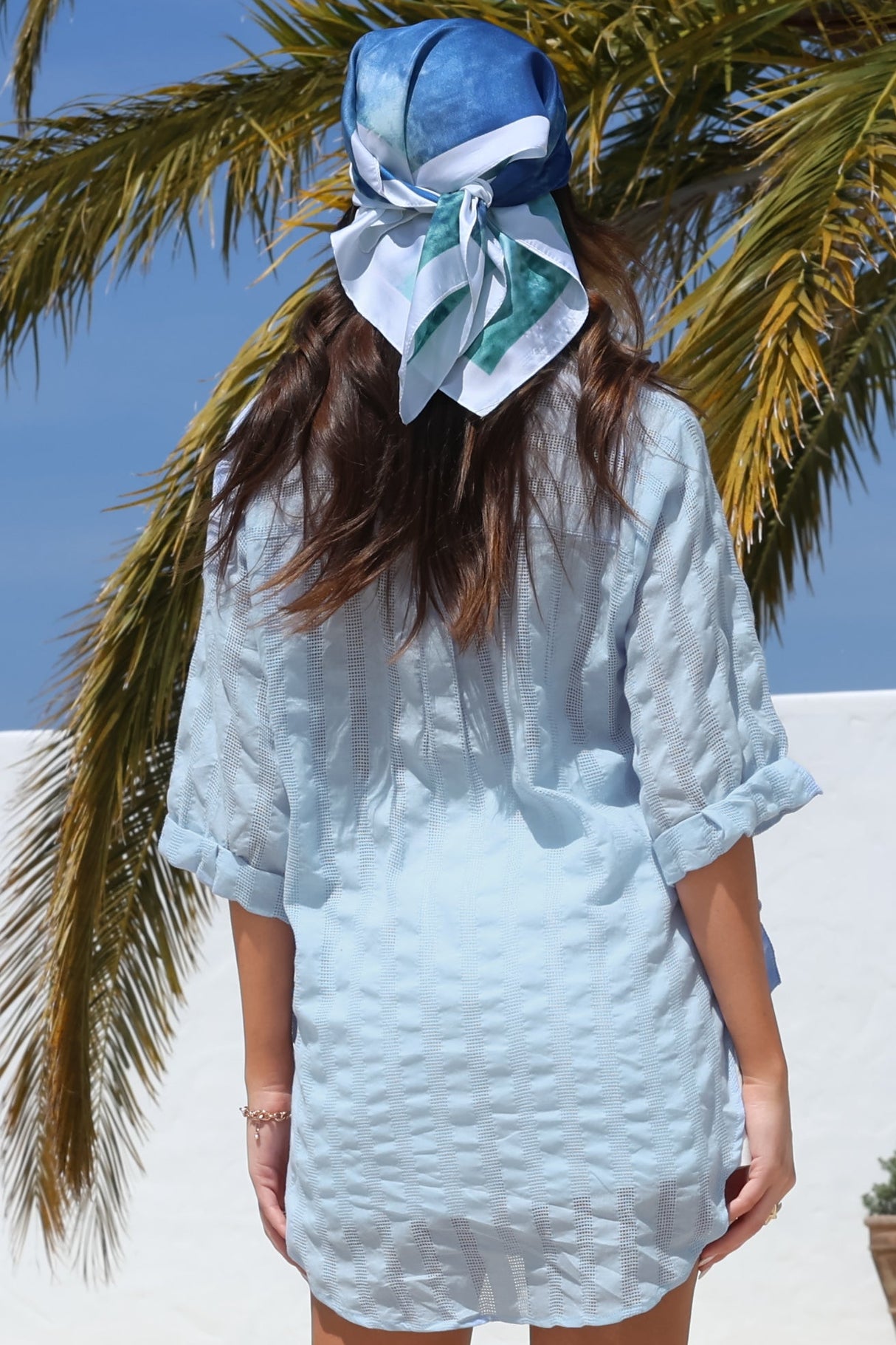 Beachly Mesh Shirt - Cotton Mesh Stripe Relaxed Button Down Shirt in Blue