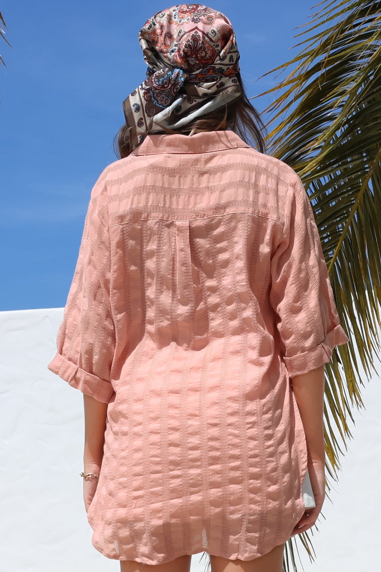 Beachly Mesh Shirt - Cotton Mesh Stripe Relaxed Button Down Shirt in Blush