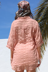 Beachly Mesh Shirt - Cotton Mesh Stripe Relaxed Button Down Shirt in Blush