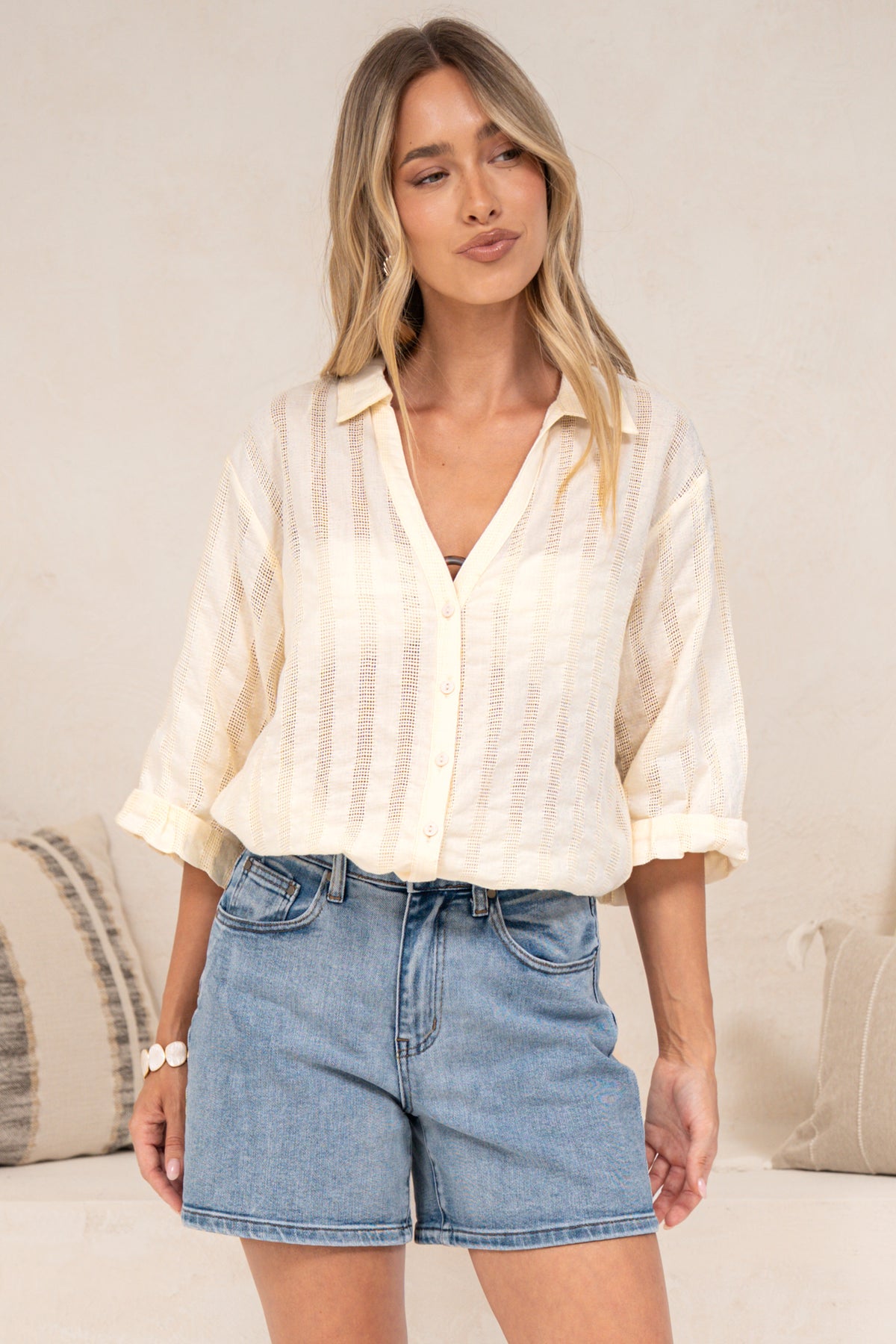 Beachly Mesh Shirt - Cotton Mesh Stripe Relaxed Button Down Shirt in Cream