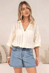 Beachly Mesh Shirt - Cotton Mesh Stripe Relaxed Button Down Shirt in Cream