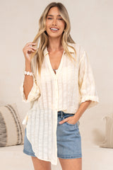Beachly Mesh Shirt - Cotton Mesh Stripe Relaxed Button Down Shirt in Cream