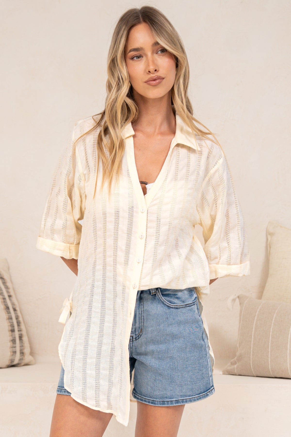 Beachly Mesh Shirt - Cotton Mesh Stripe Relaxed Button Down Shirt in Cream