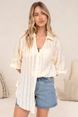 Beachly Mesh Shirt - Cotton Mesh Stripe Relaxed Button Down Shirt in Cream