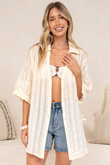 Beachly Mesh Shirt - Cotton Mesh Stripe Relaxed Button Down Shirt in Cream