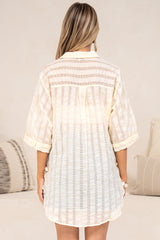 Beachly Mesh Shirt - Cotton Mesh Stripe Relaxed Button Down Shirt in Cream