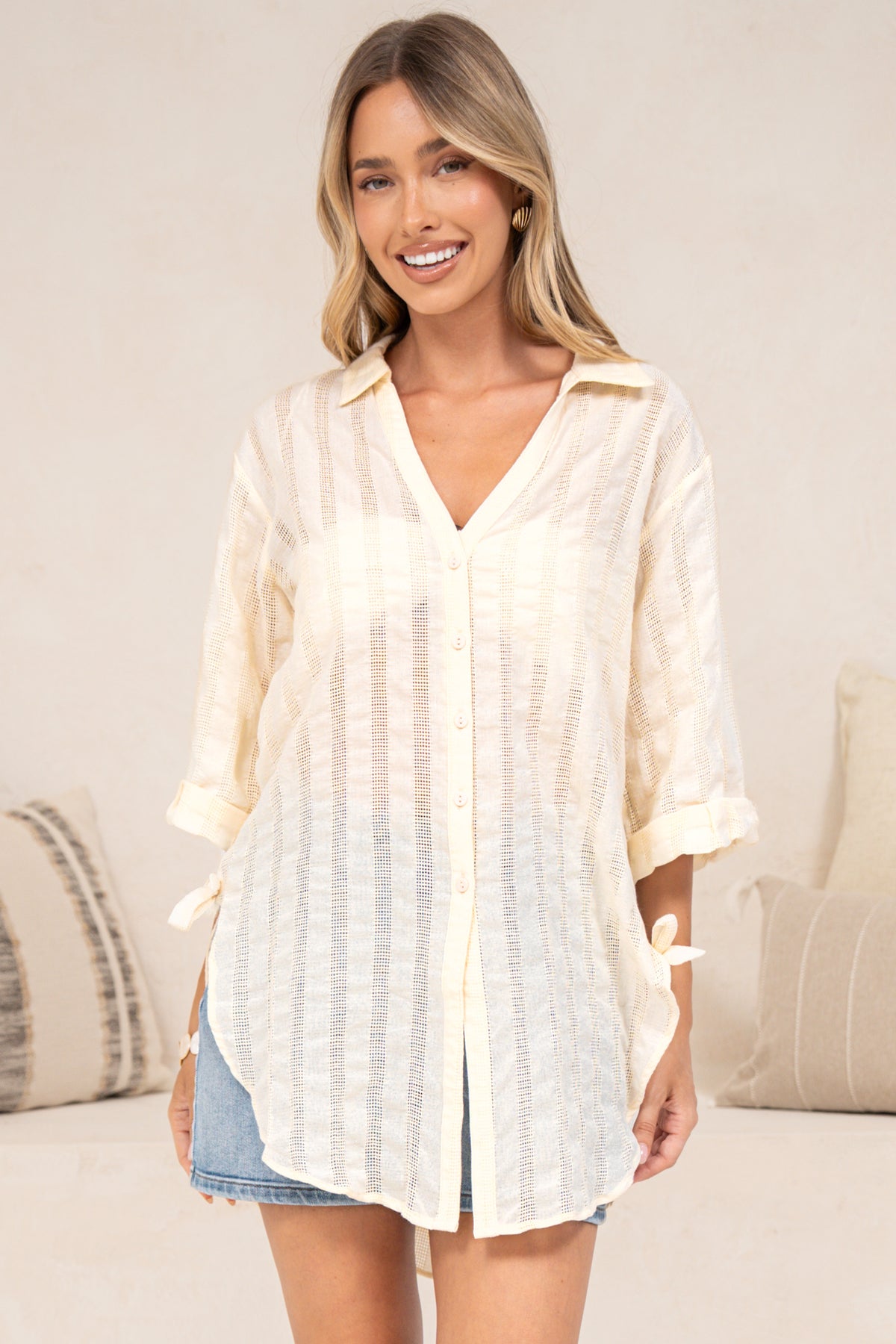 Beachly Mesh Shirt - Cotton Mesh Stripe Relaxed Button Down Shirt in Cream
