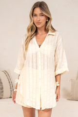 Beachly Mesh Shirt - Cotton Mesh Stripe Relaxed Button Down Shirt in Cream