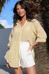 Beachly Mesh Shirt - Cotton Mesh Stripe Relaxed Button Down Shirt in Yellow