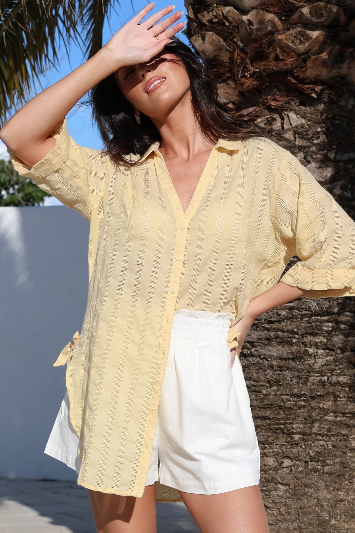 Beachly Mesh Shirt - Cotton Mesh Stripe Relaxed Button Down Shirt in Yellow
