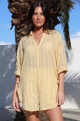 Beachly Mesh Shirt - Cotton Mesh Stripe Relaxed Button Down Shirt in Yellow