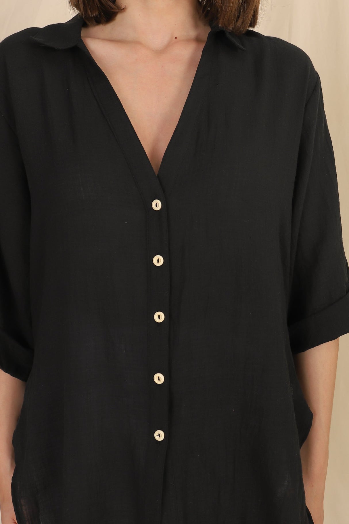 Beachly Shirt - Folded Collar Button Down Relaxed Shirt In Black