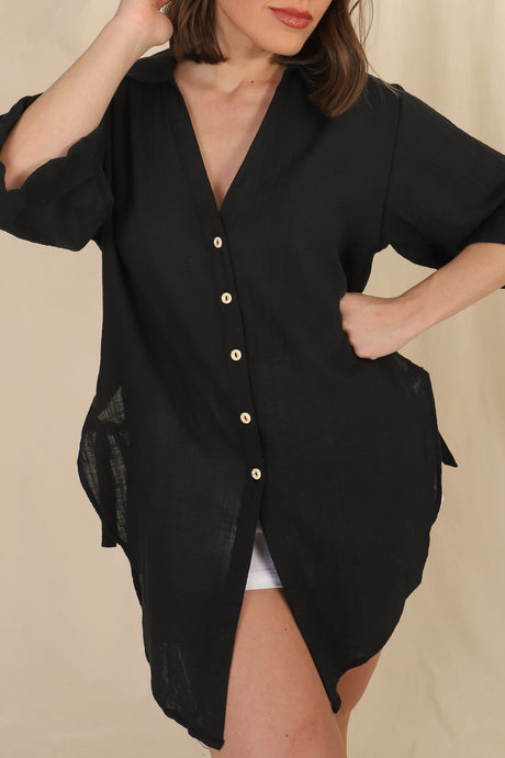 Beachly Shirt - Folded Collar Button Down Relaxed Shirt In Black