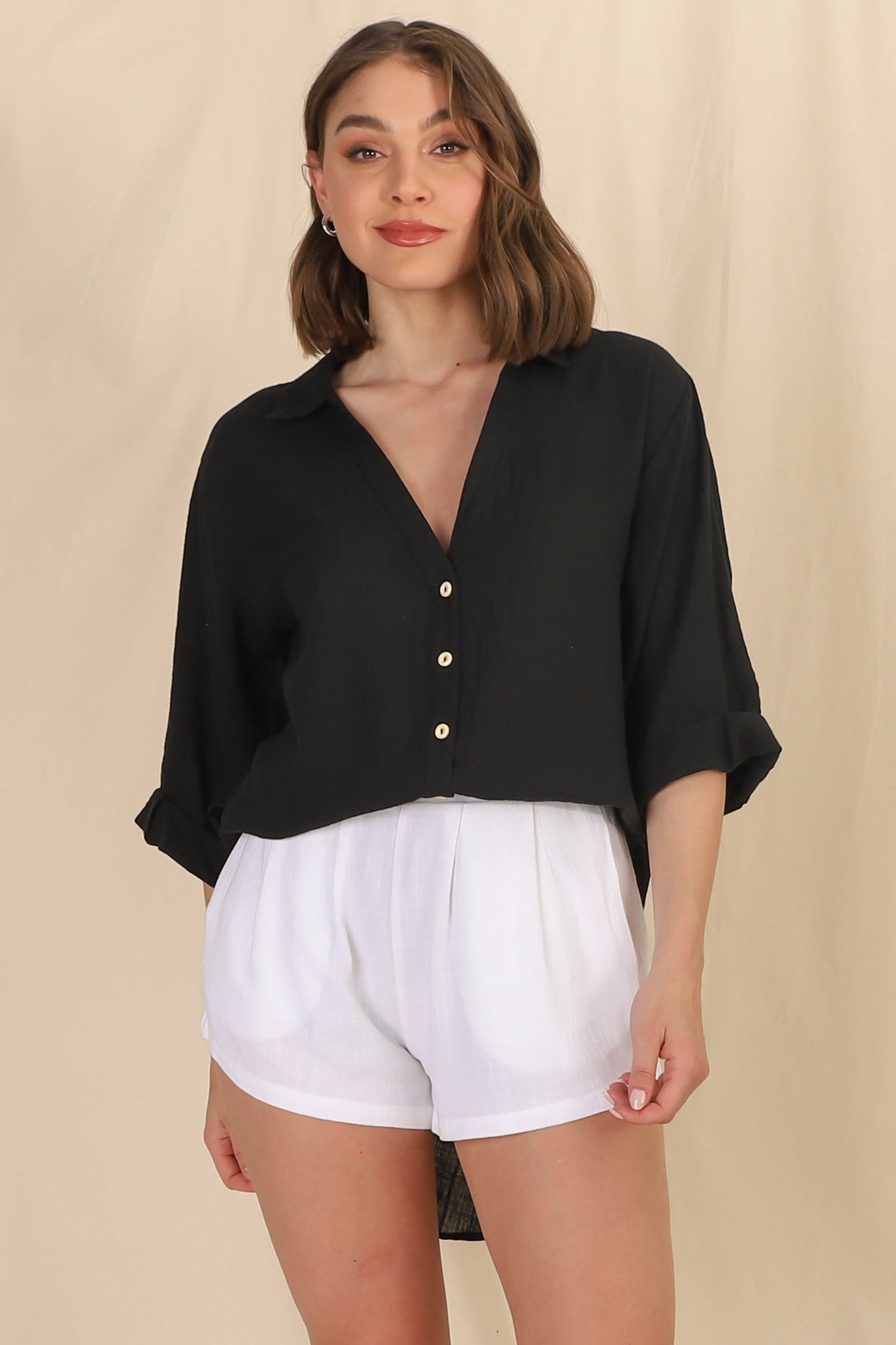 Beachly Shirt - Folded Collar Button Down Relaxed Shirt In Black