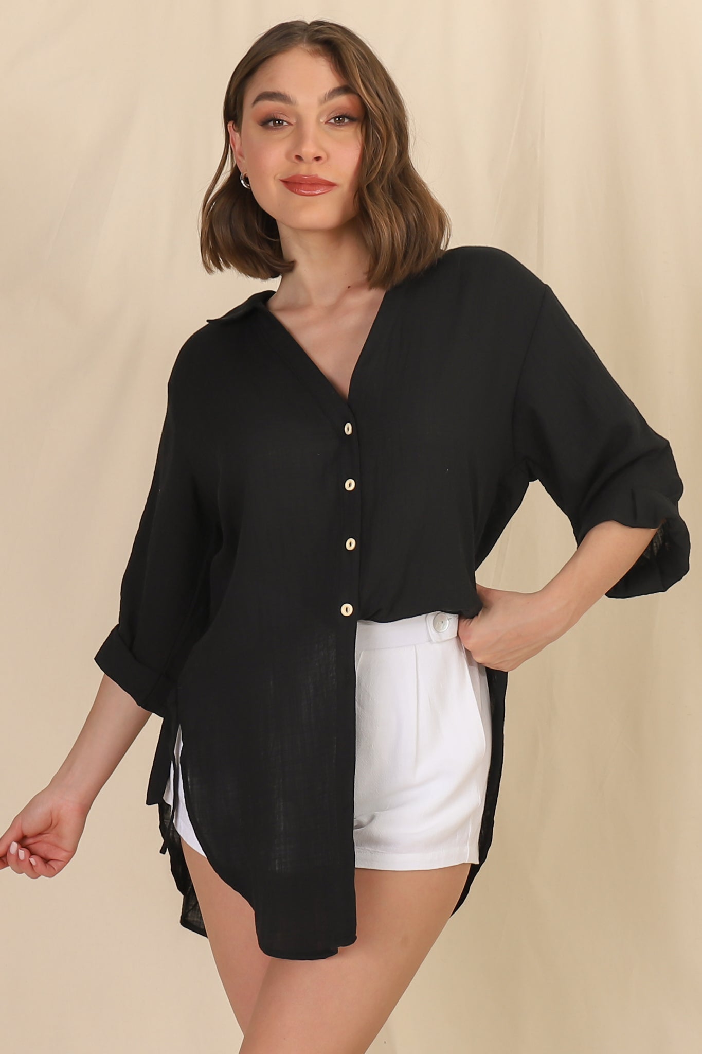 Beachly Shirt - Folded Collar Button Down Relaxed Shirt In Black