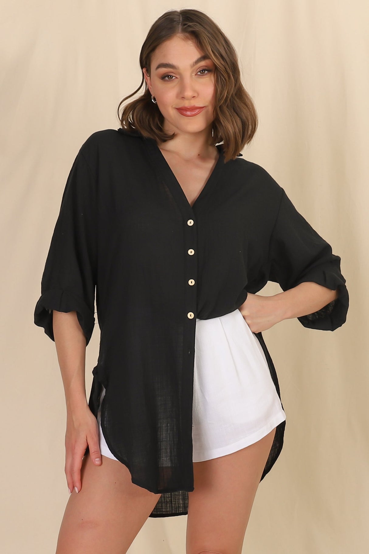 Beachly Shirt - Folded Collar Button Down Relaxed Shirt In Black