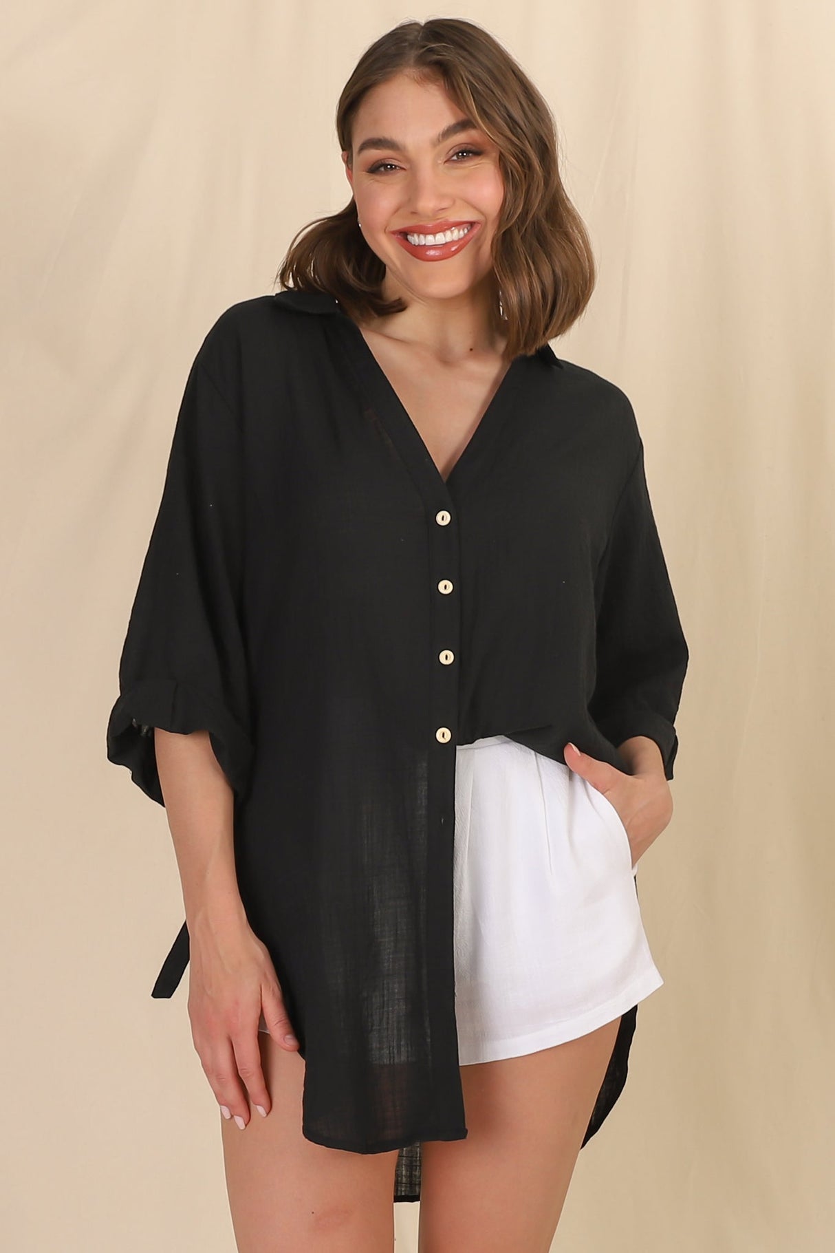 Beachly Shirt - Folded Collar Button Down Relaxed Shirt In Black